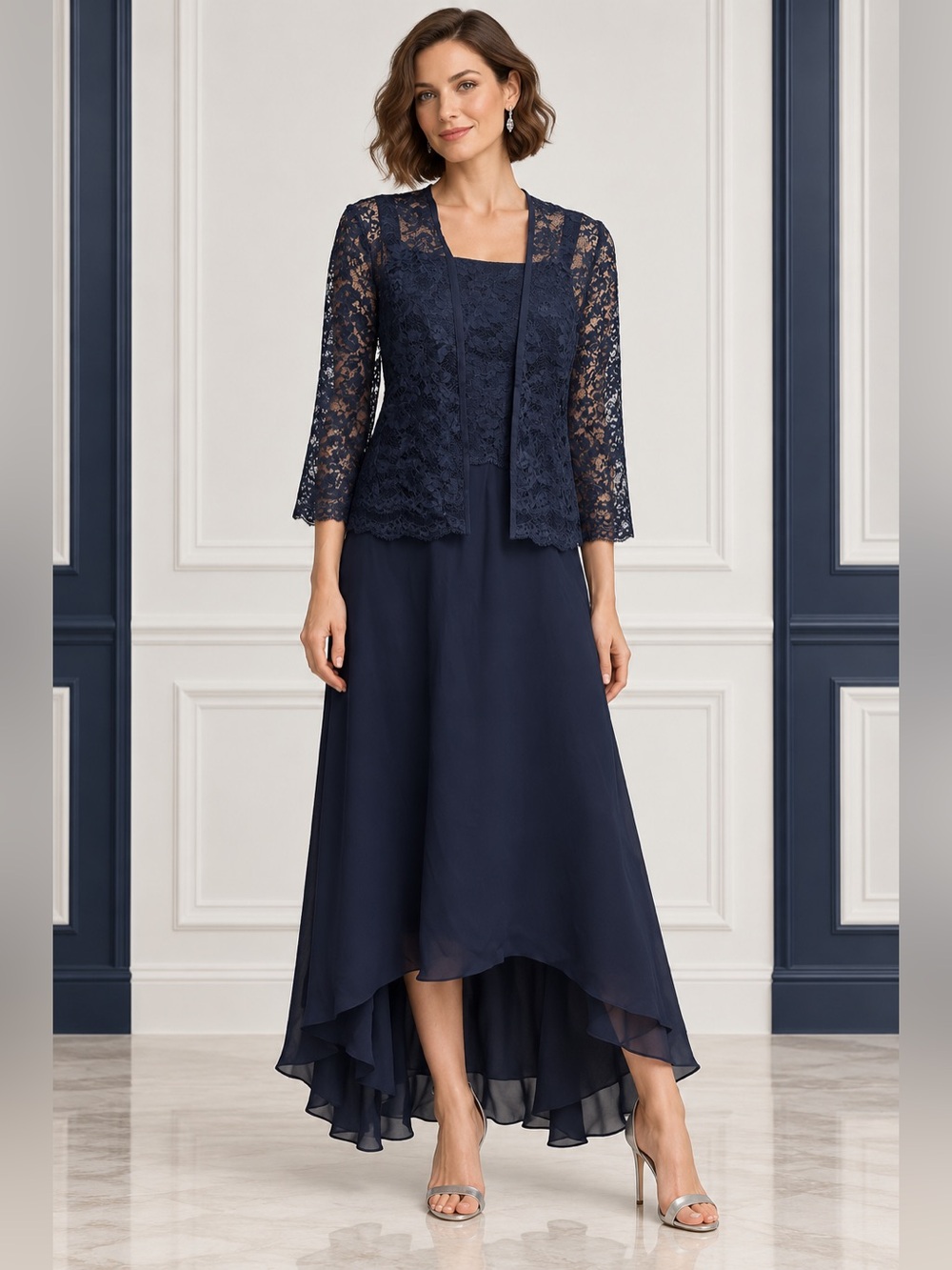 NWOT Navy Chiffon High Low Dress With Lace Jacket Mother of the Bride 14 Corset